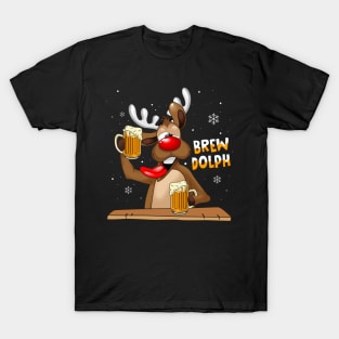 Brewdolph Reindeer Rudolph Beer Drinking Christmas T-Shirt